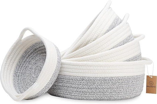 NaturalCozy 5-Piece Round Woven Cotton Rope Storage Baskets for Organizing, Small Shallow Nesting Set for Montessori Toys, Entryway Catchall, Fruit Bowl, Key Tray, Remote Holder, Nursery & Pet Toys