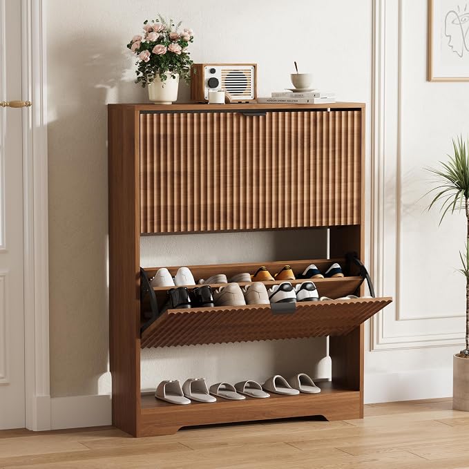 HUANLEGO Shoe Cabinet Storage for Entryway with 2 Flip Drawers, Walnut Fluted Shoe Cabinet with Open Storage, Wooden Hidden Shoe Rack Freestanding Narrow Slim Shoes Organizer for Hallway, Entrance