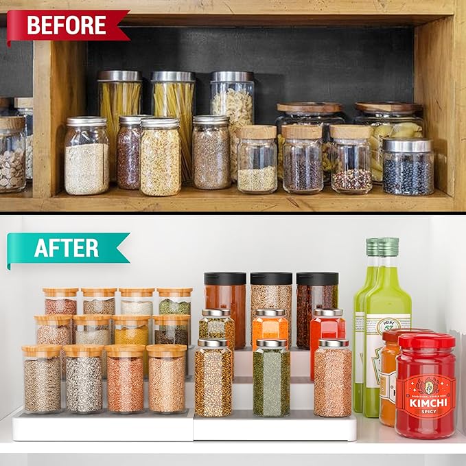 YAN & HIN Expandable Spice Rack Organizer for Cabinet (2 Pack), 3-Tier Tiered Spice Shelf Organizer with Non-Skid Surface, Spice Riser, Adjustable Pantry Organizer for Spices, Cans & Medicine Cabinet