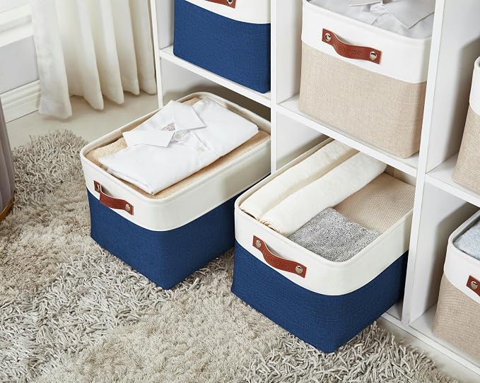 DECOMOMO Storage Bins, Large Fabric Storage Baskets for Shelves 3 Pack | 15 x 11 x 9.5 inches Decorative Linen Closet Organizers (Navy Blue & White)