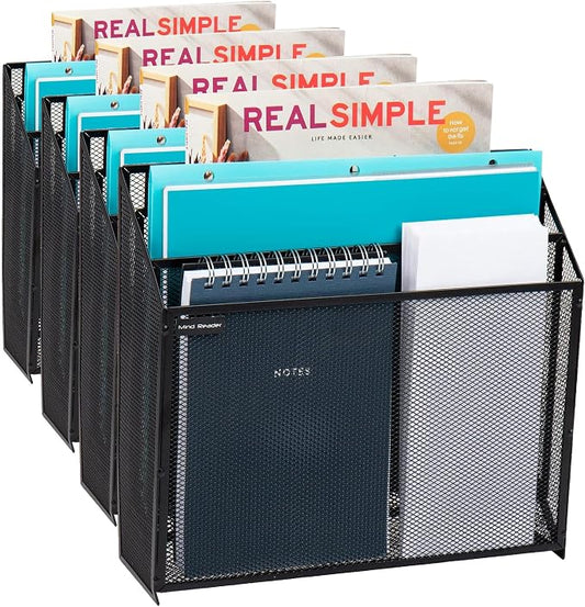 Mind Reader Vertical File Storage, Desktop Organizer, Wall Mount, Office, Metal Mesh, 12.5" L x 3.75" W x 11.5" H, Black (Pack of 4)