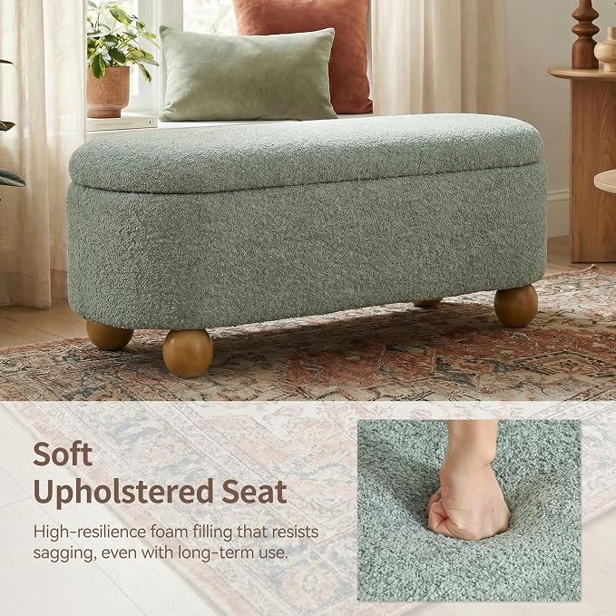 VKNOW 44.8" Storage Ottoman Bench End of Bed Bench with Hinge, Light Green | Cute Spherical Solid Wood Stool Legs, Comfortable Fabric, No Assembly, Bedroom Living Room Entryway Dressing Areas