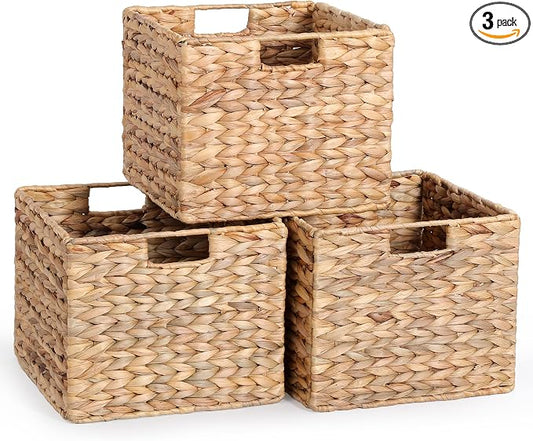 12x12x10in Water Hyacinth Storage Basket Large, Folding Cube Woven Wicker Storage Basket for Shelves, Pantry Baskets Organization and Storage, Kitchen Storage Baskets, Large Rattan Basket Set of 3