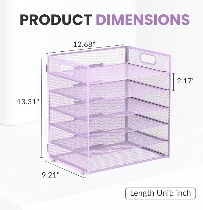 Daltack 6-Tier Paper Organizer for Desk with Handle, Purple | Sturdy Metal Mesh Organizer with Movable Middle Trays and a Carry Handle for Papers, Folders and Office Supplies