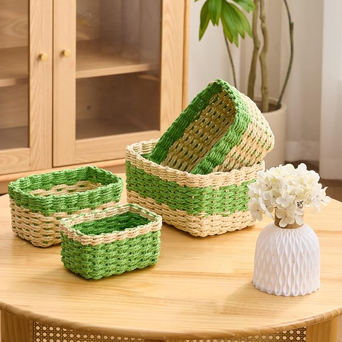 4PCS Woven Storage Baskets Set, Small Baskets for Organizing, Square Handwoven Paper Rope Organizer Bins for Shelves and Home Storage (Natural & Green)