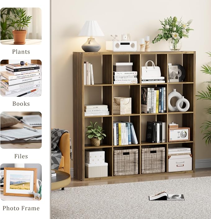 VDNEND Cube Storage Organizer Bookcase, Decorative 11 inch Open Back Cubical Shelf with Thickened Border, Display Bookshelf for Living Room, Home Office, Sturdy Room (Brown, 16 Cube)