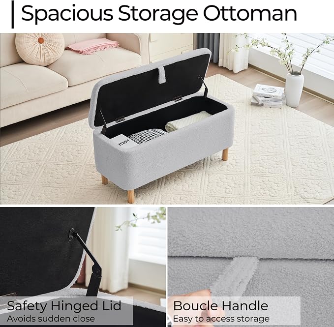 Boucle Storage Ottoman Bench for Bedroom end of Bed, Sherpa Upholstered Shoe Seat Storage Bench for Entryway Bed Foot, Rectangle Cushion Padded Blanket Chest Cute for Living Room, Grey