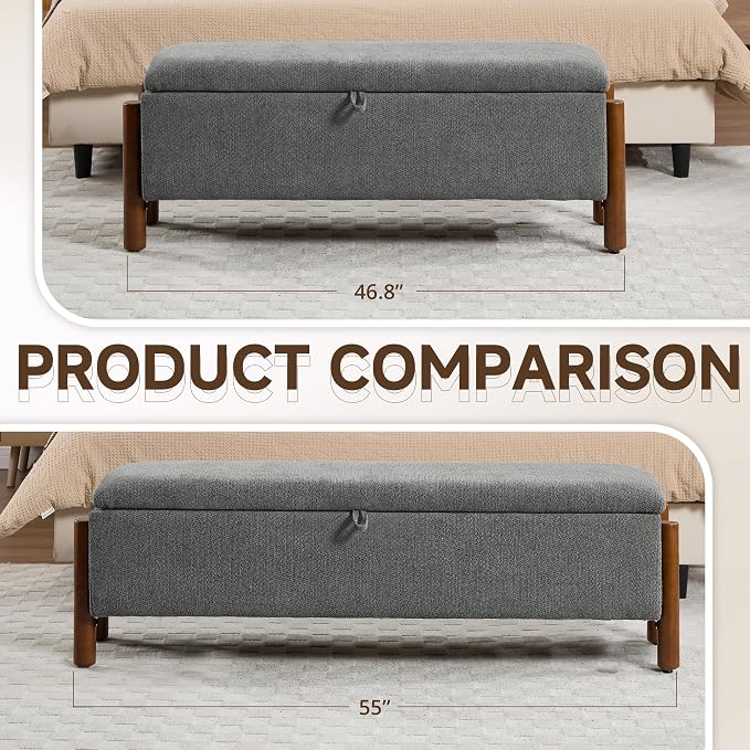 55'' Modern Storage Ottoman Benches | Walnut Wood Legs Ottoman 26 Gallons Storage Space Fabric Upholstered Seating End of Bed for Bedroom Livingroom Darkgrey