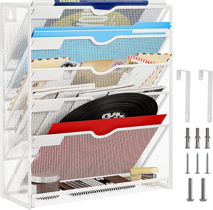 Lavatino 6-Tier Hanging File Organizer with Hooks – No Installation Needed, Wall-Mounted File & Magazine Organizer for Office and Home (White)