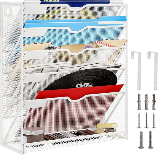 Lavatino 6-Tier Hanging File Organizer with Hooks – No Installation Needed, Wall-Mounted File & Magazine Organizer for Office and Home (White)
