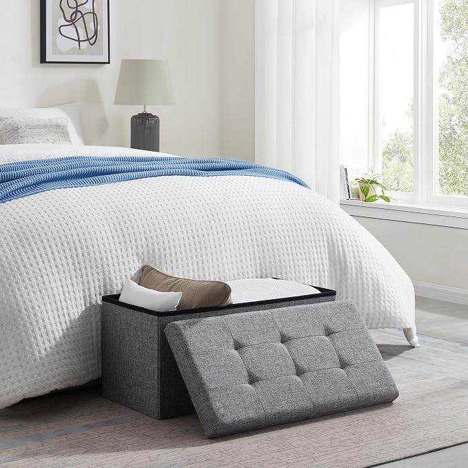 Ornavo Home 30 Inch Folding Storage Ottoman Bench, Tufted Linen, Gray | Upholstered Large Ottoman with Lid; Foot Rest Stool; Ideal for Bedroom, Living Room or Entryway