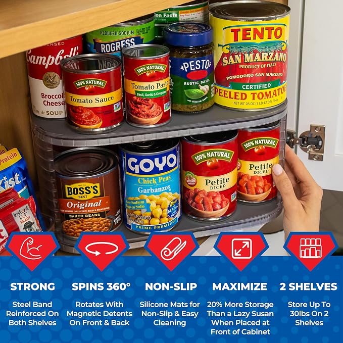 2-Tier Lazy Susan Pantry Organizer – Steel Reinforced Turntable for Kitchen Cabinets & Pantry Storage – Heavy-Duty Can Organizer Holds Up to 30 lbs – Rotates 360° – Includes 2 Bonus Bins
