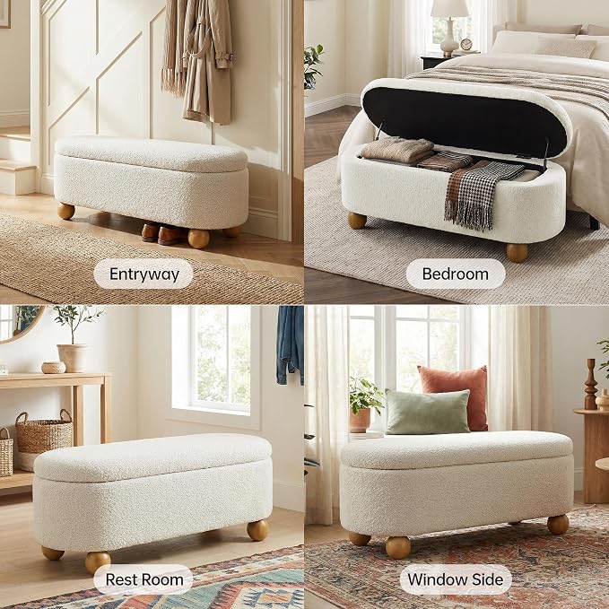 VKNOW 44.8" Storage Ottoman Bench End of Bed Bench with Hinge, Beige | Cute Spherical Solid Wood Stool Legs, Comfortable Fabric, No Assembly, Bedroom Living Room Entryway Dressing Areas