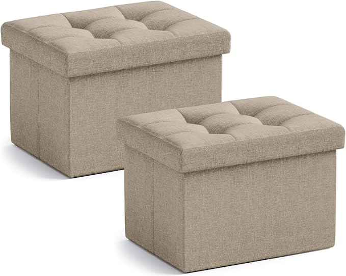 Ornavo Home Small Rectangle Ottoman Set of 2, Linen, 12x16x12, Taupe | Storage Collapsible Design; Foot Rest Stool Seat; Ideal for Living Room, Bedroom, Home Office or Dorm