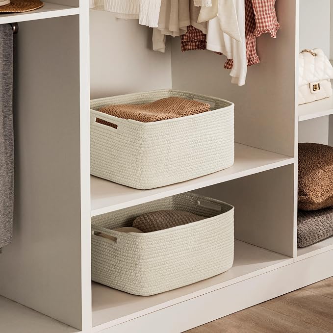 2 Pack Storage Baskets for Organizing, Large Woven Storage Basket, Beige | 17"Lx13"Wx7.5"H, Cotton Rope Basket, Toy Storage, Cube Shelf, Closet Shelf Organizer, Clothes Storage, Home Decor