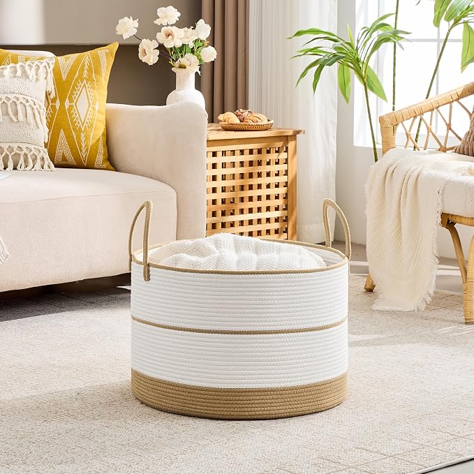 KAKAMAY Large Blanket Basket with Handles, Storage Basket for Living Room | Extra Large Capacity | Natural Cotton Rope | Blanket Storage | Woven Storage Basket | Stuffed Animal Storage | Laundry Basket