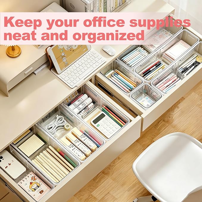 16 Pcs Extendable Clear Drawer Organizer, 3-Size Adjustable Boxes | 3-mm Extra Thick Acrylic Storage Bins for Vanity, Desk, Makeup, Cosmetics, Tool, Bedroom Dressers & Bathroom Organization