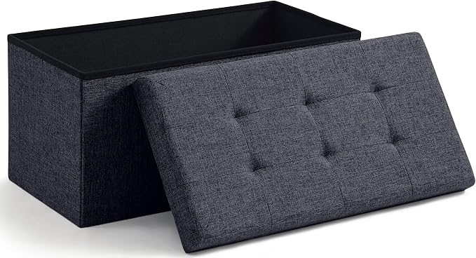 Ornavo Home 30 Inch Folding Storage Ottoman Bench, Tufted Linen, Black | Upholstered Large Ottoman with Lid; Foot Rest Stool; Ideal for Bedroom, Living Room or Entryway