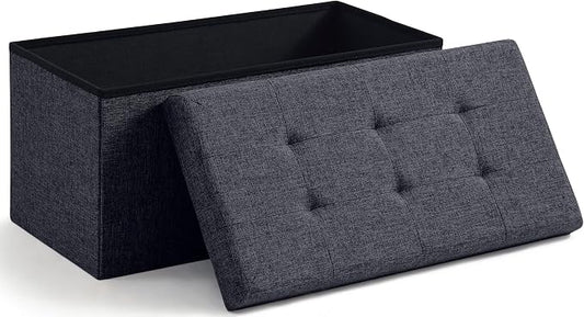 Ornavo Home 30 Inch Folding Storage Ottoman Bench, Tufted Linen, Black | Upholstered Large Ottoman with Lid; Foot Rest Stool; Ideal for Bedroom, Living Room or Entryway