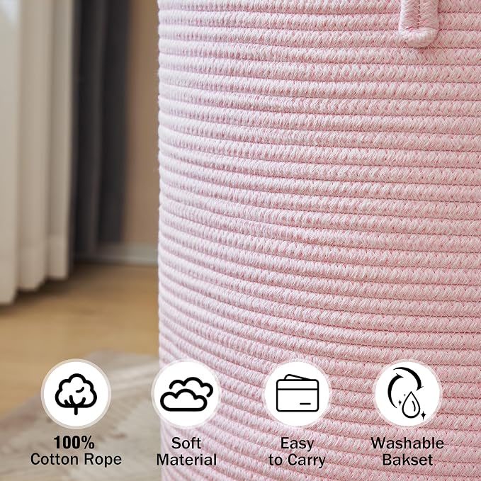 YOUDENOVA Cotton Rope Laundry Hamper Basket, 58L Blanket Basket for Nursery | Large Woven Laundry Hamper with Sturdy Handles, Collapsible Home Decor Laundry Basket for Laundry, Clothes, Toys in Bedroom