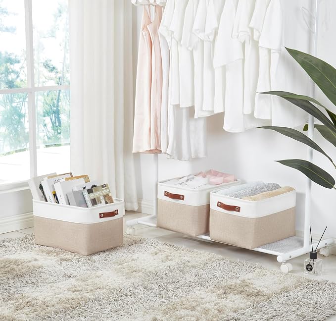 DECOMOMO Storage Bins, Large Fabric Storage Baskets for Shelves 3 Pack | 15 x 11 x 9.5 inches Decorative Linen Closet Organizers with Handles(Beige and White)