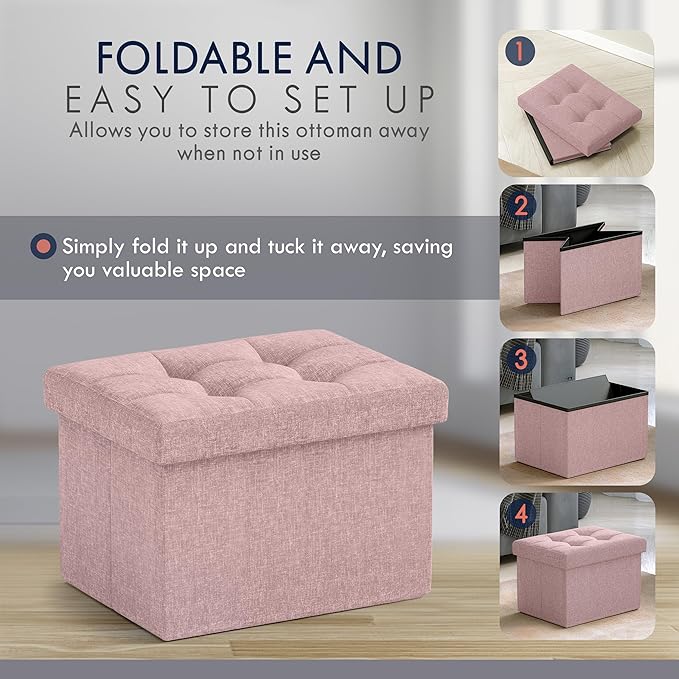 Ornavo Home Small Rectangle Storage Ottoman, Foldable Linen, 12x16x12, Pink | Collapsible Cube Design; Foot Rest Stool Seat; Ideal for Living Room, Bedroom, Home Office or Dorm
