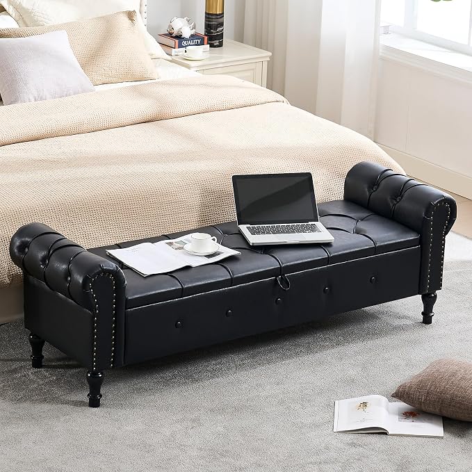 Storage Bench 67" Faux Leather End of Bed Benches Obsidian Black | King Size Storage Bench for Bedroom with Rolled Arms Tufted Ottoman Benches Upholstered Bench for Living Room Entryway