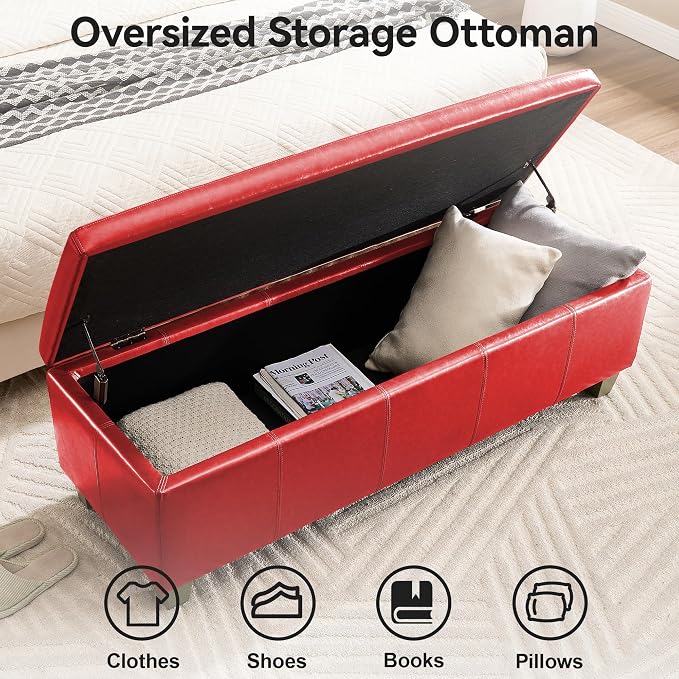 WUTUTUEE 51" Faux Leather Storage Ottoman, Stitch Tufted Rectangle Upholstered End of Bed Storage Bench, Entryway Large Couch Ottoman with Wooden Legs,Red