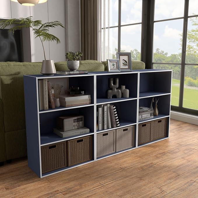 Homes: Inside + Out Apexa 3-Tier Cube Storage Organizer Shelves, Stackable Wood Bookcase Fits Cubby Bins for Organization, Dorm Teen Room Decor & Home Office, Steel Blue