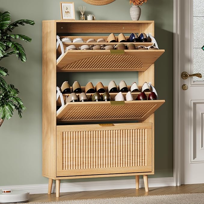 Xixini Shoe Storage Cabinet with 3 Flip Drawers, 50" Tall Narrow Wood Fluted Shoe Organizer for Entryway, Freestanding Wooden Hidden Slim Shoe Rack for Front Door Entrance, Hallway, Foyer, Natural Oak