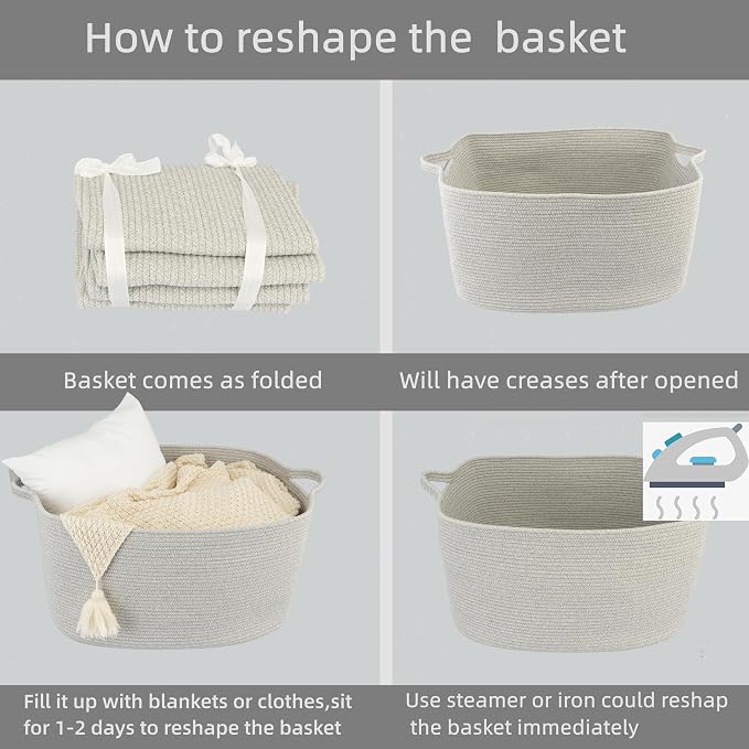 XUANGUO Large Rectangle Woven Cotton Rope Blanket Basket 22"x17"x12" Gray | Storage basket for nursery and living room; toy basket for kids, dog toy storage, or laundry basket for clothes and towels.