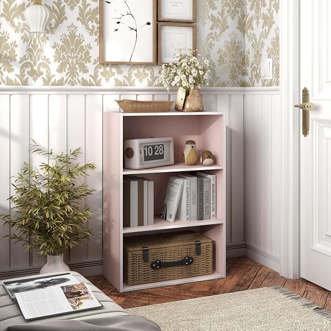 Homes: Inside + Out Apexa 3-Tier Cube Storage Organizer Shelves, Stackable Wood Bookcase Fits Cubby Bins for Organization, Dorm Teen Room Decor & Home Office, Light Pink