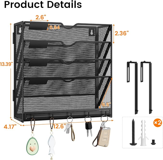 Hanging Wall File Organizer 5-Tier Wall Mount Mail Organizer | Desk Paper Organizer, Sleek Black Metal File Folder Holder for Office, Cubicle (Black-5 Tier)
