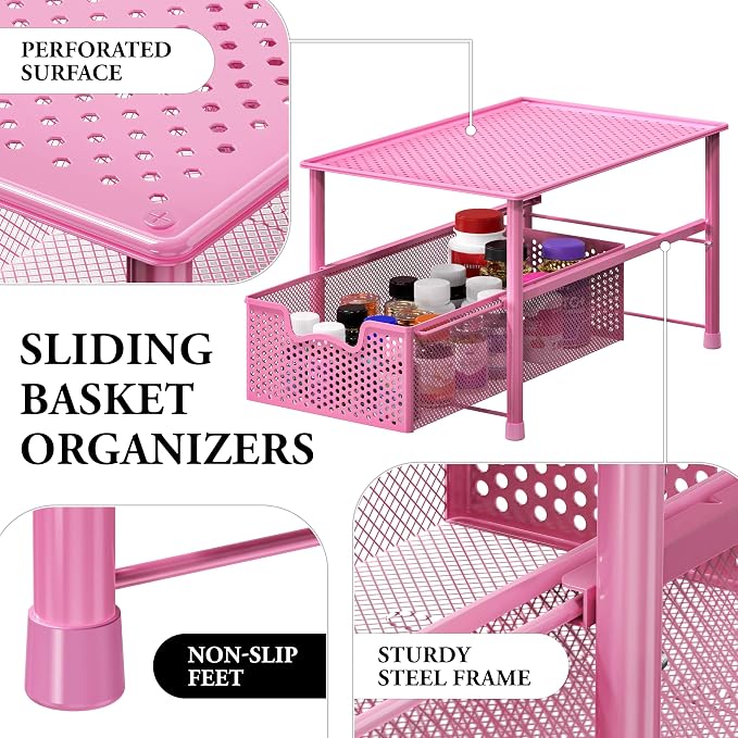 Simple Houseware Stackable Under Sink Sliding Basket Drawer, Pink | Perforated Free Standing Organizer, Kitchen/Pantry/Cabinet/Counter