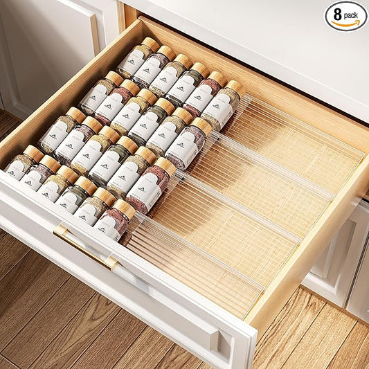 MUDEELA Clear Spice Drawer Organizer, 4 Tier- 2 Set (8 Packs) Spice Rack for Drawer, Expandable From 11" to 22" Kitchen Seasoning Organizers and Storage for Drawer (Jars not included)