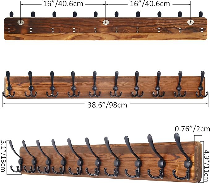 SKOLOO Rustic Coat Rack Wall Mount, 10 Hooks, 38.6'' Long, Solid Wood,Brown | Rustic finish, 100 lb capacity, entryway bedroom mudroom, wall mount, 16" stud spacing, hardware included, rustproof hooks
