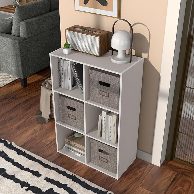 Homes: Inside + Out Apexa 6-Cube Storage Organizer Shelves, Stackable Wood Bookcase Fits Cubby Bins for Organization, Dorm Teen Room Decor & Home Office, Taupe Grey