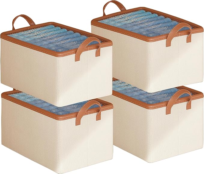 AARAINBOW 4 Pcs Closet Clothes Organizer with Handle, Fabric Storage Bins with Metal Frame Closet Shelf Storage Baskets Foldable Wardrobe Storage Box for Sweater Jeans, 20L (4 White)
