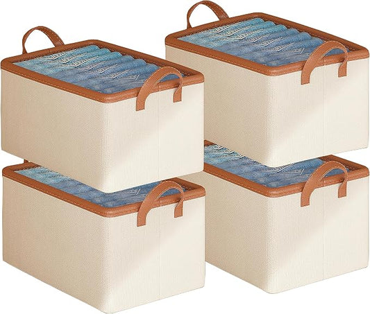 AARAINBOW 4 Pcs Closet Clothes Organizer with Handle, Fabric Storage Bins with Metal Frame Closet Shelf Storage Baskets Foldable Wardrobe Storage Box for Sweater Jeans, 20L (4 White)