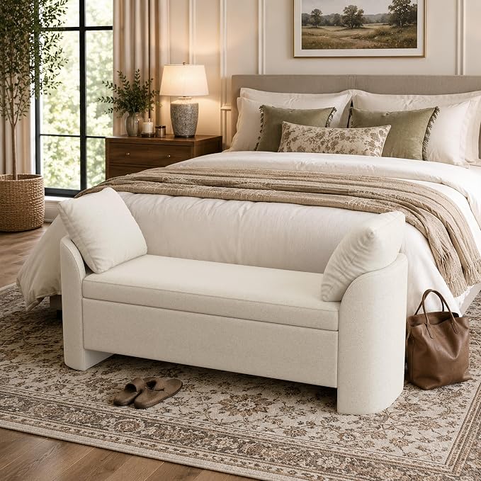 Usaint 58.3" Upholstered Storage Ottoman Bench with 2 Throw Pillows, Beige | End of Bed Bench with Curved Arms and Thickened Seat Cushion for Bedroom, Livingroom, Window, Entryway and Dressing Areas
