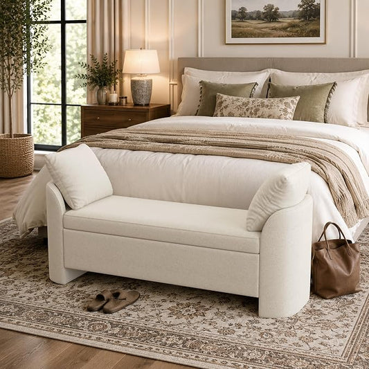 Usaint 58.3" Upholstered Storage Ottoman Bench with 2 Throw Pillows, Beige | End of Bed Bench with Curved Arms and Thickened Seat Cushion for Bedroom, Livingroom, Window, Entryway and Dressing Areas