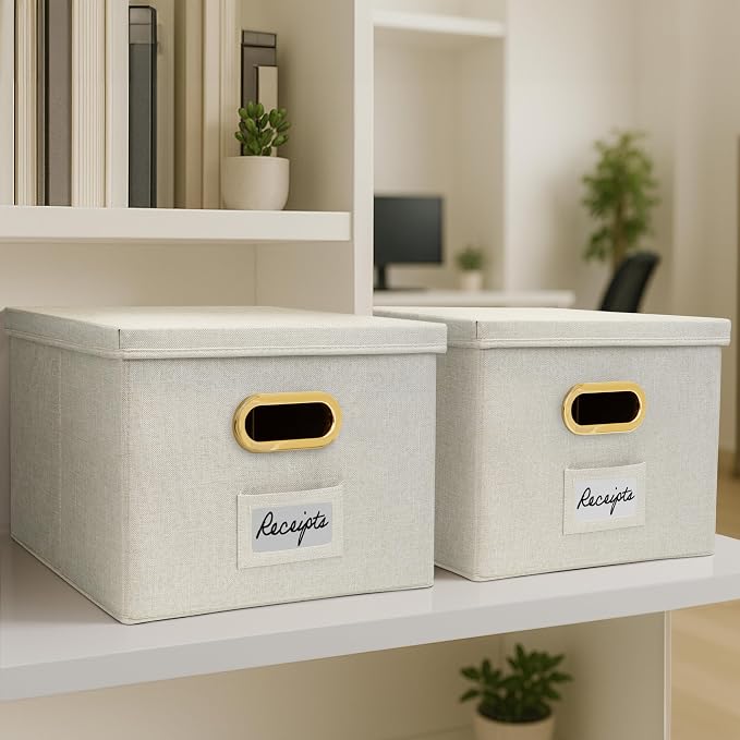 Decorative File Organizer Box Set of 2 - Collapsible Linen Filing Cabinets with Handles Are Perfect to Store All Your Documents & Hanging File Folders - Portable Easy Slide Office Crates with Lid