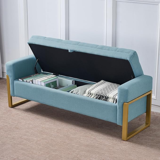 adochr 57" Storage Ottoman Bench, Upholstered End of Bed Bench, Light Blue | Metal Legs & Button-Tufted, Linen Ottoman with Storage 500 lb Capacity for Living Room, Bedroom, Entryway