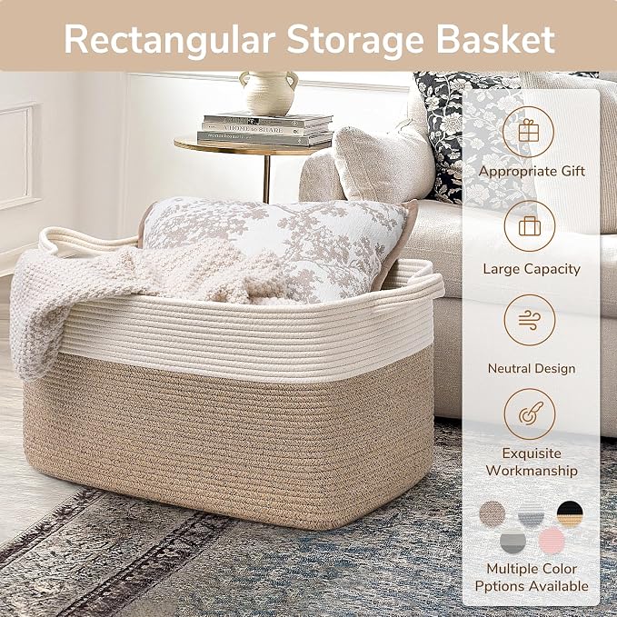 Goodpick Large Woven Blanket Basket, Cotton Rope, White & Camel Mix | 21.6 x 14.9 x 11.8 in, Rectangle, Living Room, Bedroom & Nursery Organization, Home Decor, Blankets & Toys Storage