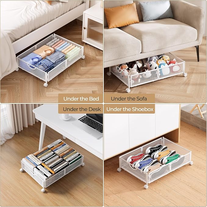 Yecaye Under Bed Storage with Wheels, 2 Pack Under Bed Shoe Storage Organizer Drawer, Tool-free Assembly Metal Underbed Storage Containers for Clothes, Shoes, White