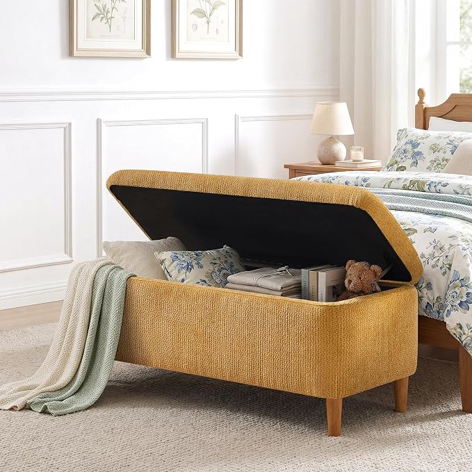 39.4" Ottoman with Storage Upholstered Storage Bench for Living Room | Modern Fabric End of Bed Bench Footstool with Wooden Legs Ottoman Bench for Window Hallway Entryway Bedroom Yellow