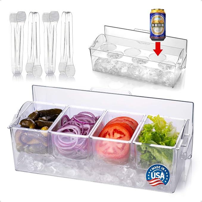 Pikanty Chilled Condiment Server Caddy with Ice Base - 4 Compartments and 4 Serving Tongs Included, Mimosa Bar, Taco Bar, Garnish Tray for Parties, Weddings, BBQs, Dishwasher Safe, Made in USA