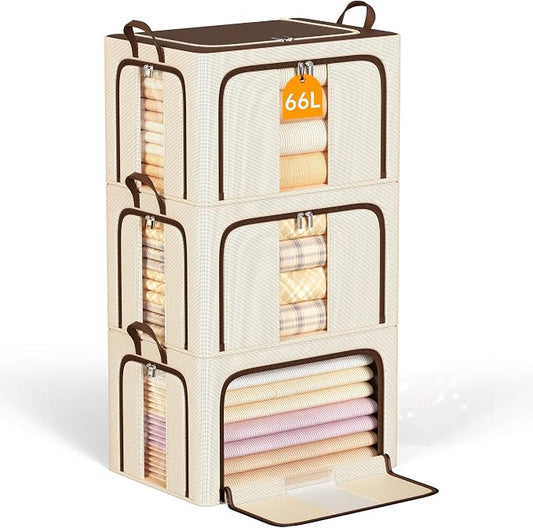 3 Openings Clothes Storage Bins with Metal Frame，66L (brown) | Oxford-Gewebe