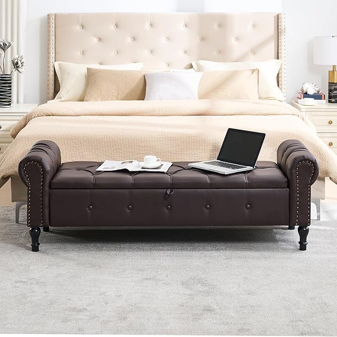 Storage Bench 67" Faux Leather End of Bed Benches Dark Brown | King Size Storage Bench for Bedroom with Rolled Arms Tufted Ottoman Benches Upholstered Bench for Living Room Entryway