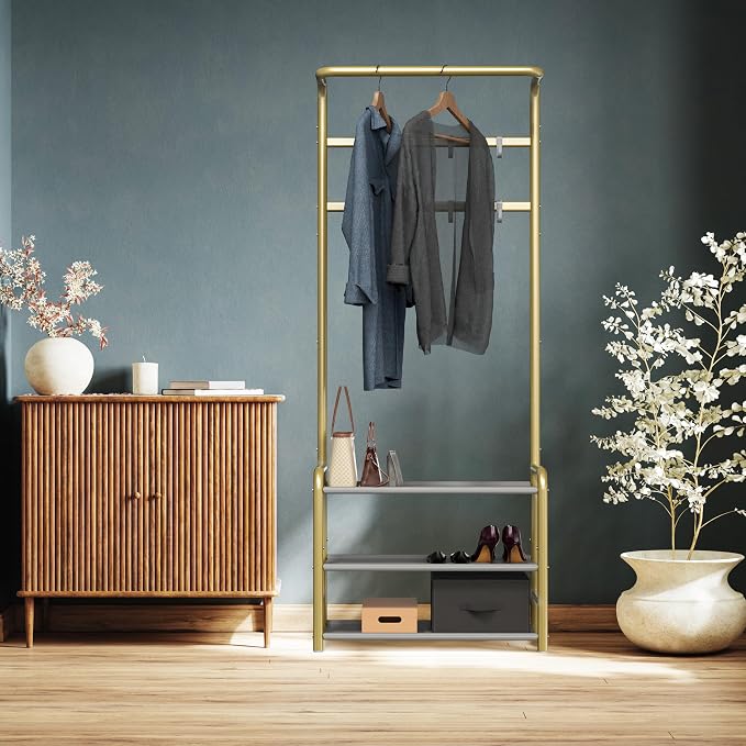 Simple Houseware Coat Rack with Shelf, Hall Tree with Hooks, Champagne Gold | For Entryway, Bedroom, Office, Champagne Gold Metal Clothes Hanger Stand for Coats, Hats, Jackets, Bags